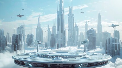 Wall Mural - the circular platform, surrounded by holographic skyscrapers and flying vehicles in light blue tones