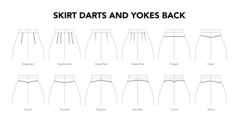 Set of Skirt Yokes Back styles - Single, Double Pleat Straight, Classic, Curved Rounded, Diagonal technical fashion illustration. Flat apparel template. Women, men unisex CAD mockup isolated