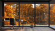 © Nemanja - Nobody in empty modern stylish elegant contemporary business office with chairs and table, autumn fall forest trees nature seen through glass window. October, September, November workspace workplace
