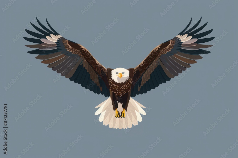 Illustration of a bald eagle in flight with wings spread wide ...