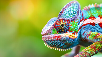 Wall Mural - Vibrant Chameleon Reptile Macro with Unique Colorful Scales and Details  Closeup of exotic tropical lizard with camouflage patterns and vibrant natural colors