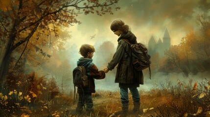 Wall Mural - Two individuals walking hand-in-hand in a scenic woodland setting, conveying a sense of companionship and exploration amidst beautiful autumn foliage and a peaceful atmosphere.