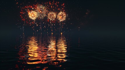 Wall Mural - A vivid display of bright orange fireworks lighting up the night sky over an ocean, their fiery reflections creating an exciting and dramatic scene in nature's vast expanse.