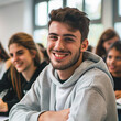 © mindstorm - A young man with a beard and a gray hoodie is smiling at the camera. He is surrounded by other people, some of whom are also smiling. Scene is happy and friendly