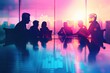 © KanitChurem - Silhouettes of businesspeople in a meeting with a city skyline view.