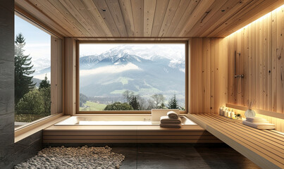 Modern minimalist bathroom featuring a sunken bathtub overlooking a mountain view