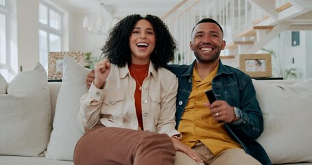 Poster - Happy, couple and tv remote with celebration on sofa for sports network, subscription and winning. Man, woman and excited with applause at home for football competition, match and cheering for goal