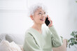 © kapinon - Close-up of smiling elderly (senior) woman in profile holding and talking on her cell phone (cell phone)