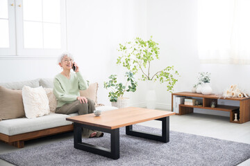 Wall Mural - elderly (senior) woman holding a cell phone (cell phone) and talking, smiling in profile wide angle