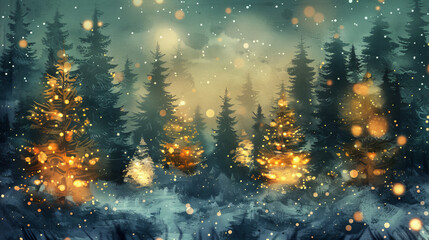 Magical forest with christmas trees and glowing lights christmas card style watercolor abstract artistic winter wonderland nature woodland holiday background backdrop wallpaper with copy space.