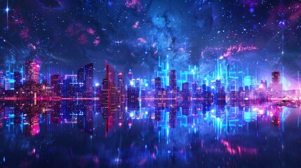 Wall Mural - cityscape with space and neon light effect. Modern hi-tech, science, futuristic technology concept. Abstract digital high tech city design for banner background