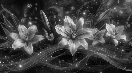 A black and white photo of three lilies with a silver background. The flowers are arranged in a way that they seem to be floating on the water. The image has a dreamy and ethereal quality to it