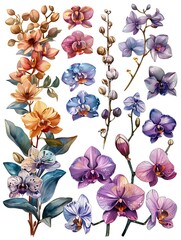 Wall Mural - set water color orchid flower illustration design isolated on white background