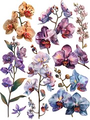 Wall Mural - set water color orchid flower illustration design isolated on white background