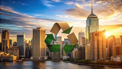 Poster - Recycling sign with cityscape in background symbolizing environmental conservation, recycling, cityscape