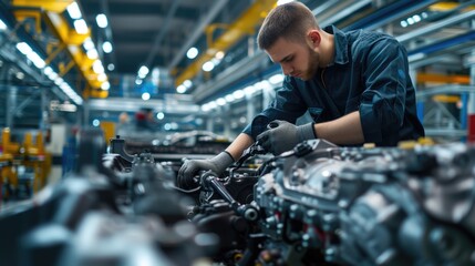 Wall Mural - A man is working on an engine in an automotive factory, specializing in the production of motor vehicles and auto parts. AIG41