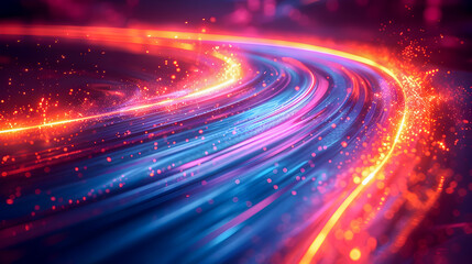 Poster - Vibrant curved neon light trails weaving through a deep mysterious dark background creating striking dazzling abstract compositions with a captivating retrofuturistic aesthetic