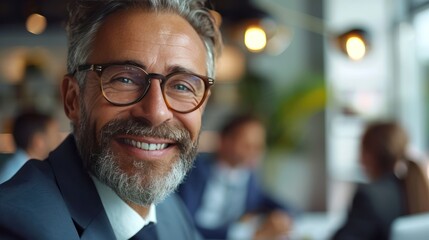 Wall Mural - Smiling Middle-Aged Businessman in Diverse Meeting - A cheerful middle-aged businessman is seen smiling at his computer display while colleagues discuss around him in a diverse meeting of businessmen.