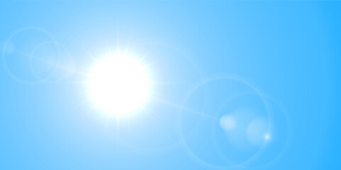 Wall Mural - sun light flare on blue sky background. vector sunny summer background with sunbeams