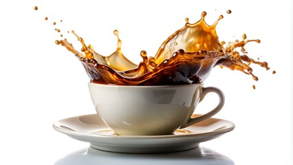 Pouring coffee into cup with splashing., Isolated on white background.