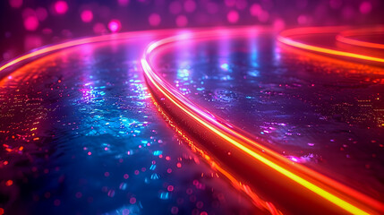 Poster - Vibrant curved neon light trails creating a captivating interplay of light and shadow in a deep mysterious dark background with a cinematic noir inspired retrofuturistic atmosphere
