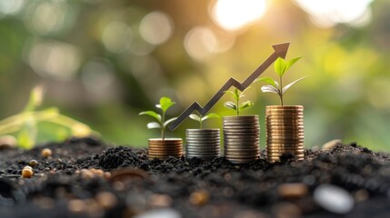 A series of coins and plants are arranged in a way that suggests growth and prosperity. The coins are stacked on top of each other, with the topmost coin being the largest