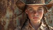 © MuziStock - Portrait of a beautiful girl in a cowboy's hat on a rusty background, Ai Generated