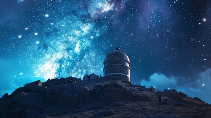 Professional telescope under a starry night sky, mountain peak observatory, detailed and expansive view, tranquil and inspiring scene