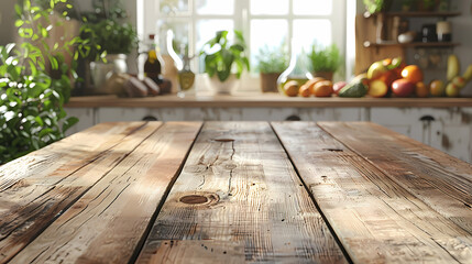 Beautiful natural wooden table with kitchen background