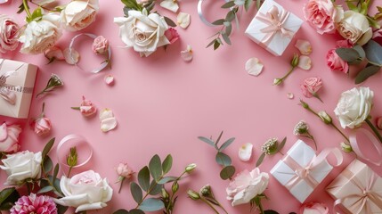 Sticker - Beautiful flowers and elegant gift boxes on pink background with space for text flat lay