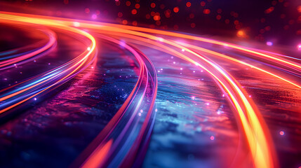Poster - Vibrant curved neon light trails weaving through a deep mysterious dark background creating luminous light sculptures and dazzling abstract digital compositions with an experimental