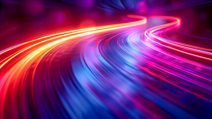 Poster - Vibrant curving neon light trails pulsing with ethereal energy against a deep mysterious dark background  Mesmerizing rhythmic patterns created through long exposure light painting techniques