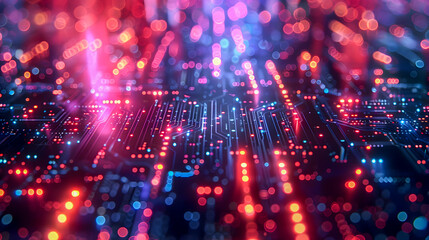 Poster - Glowing technological cables and circuits carrying data streams through a complex neon infused urban landscape with sleek angular devices and intricate woven circuits emitting a soft glow