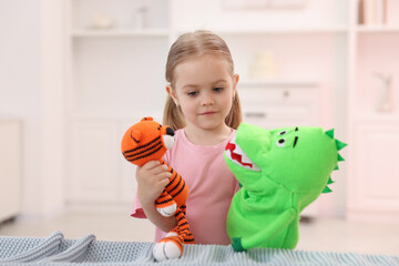 Sticker - Puppet theatre. Cute girl performing show with toys at home