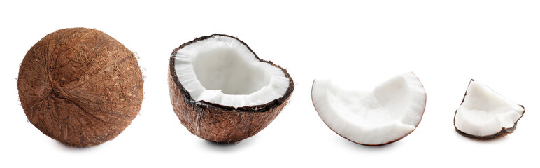 Sticker - Coconut isolated on white. Whole, half and pieces
