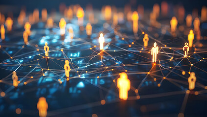 Digital network with glowing human icons representing connections and technology in an abstract virtual world.