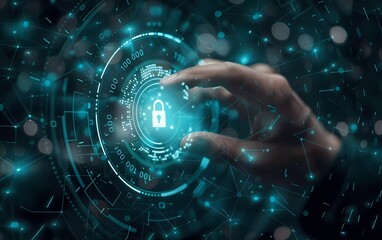 Fototapete - Businessman touching a digital padlock icon on a digital pad in the style of data connection technology. Developer and security concept, copy space. High quality.