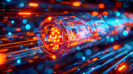 Poster - Transparent cross section of a fiber optic data cable revealing its complex internals with vibrant glowing wires and circuits illuminating the intricate structure  A futuristic