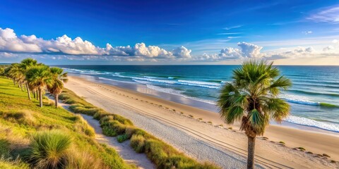 Wall Mural - Beautiful beach view in Melbourne, Florida with sandy shore, blue ocean and palm trees, Melbourne, Florida, beach, coastal, view