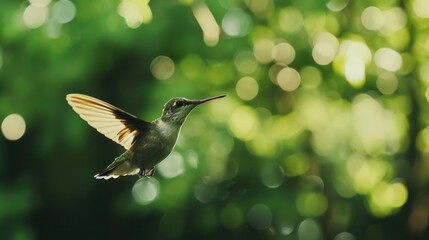 Flying hummingbird with green forest in background. Small colorful bird in flight