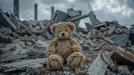 Wall Mural - a lone teddy bear sitting amid the ruins of destroy