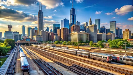 Sticker - Skyline view of Chicago with METRA commuter rail trains near Union Station, skyline, Chicago