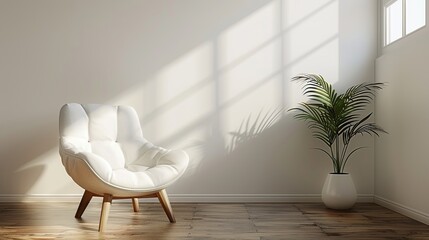 Wall Mural - Minimalist Living Room with White Chair and Palm Plant