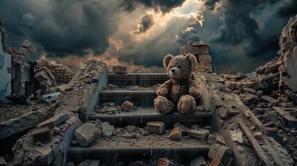 Wall Mural - a small teddy bear sitting on the remains a destroy