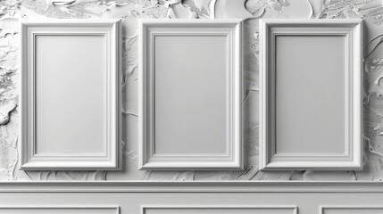 Three blank picture frames on textured white wall