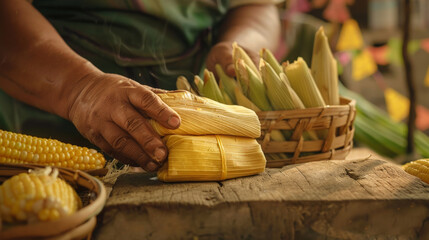Fresh tamale in the corn husk, juicy and soft tamale, June festival with flags in the background