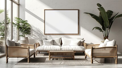 Canvas Print - Minimalist Living Room Decor with Rattan Furniture