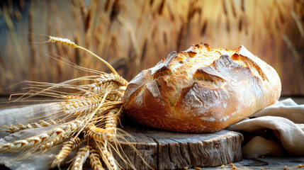 Wall Mural - A beautifully baked loaf of rustic bread on a wooden board surrounded by wheat stalks.