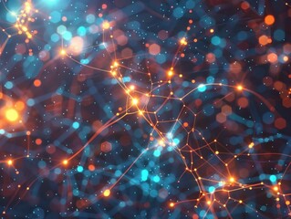 Poster - Network of lights and glowing dots on dark blue background abstract exploration of connectivity and technology