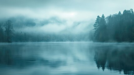 Wall Mural - Discover the surreal beauty of misty morning fog rolling over a tranquil lake